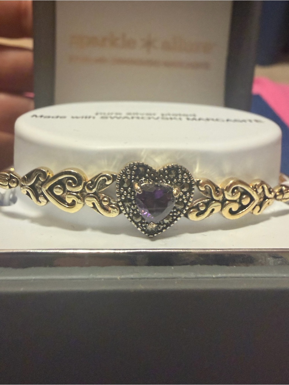 Silver Plated Heart Bracelet with Purple Swarovski Stone Accent